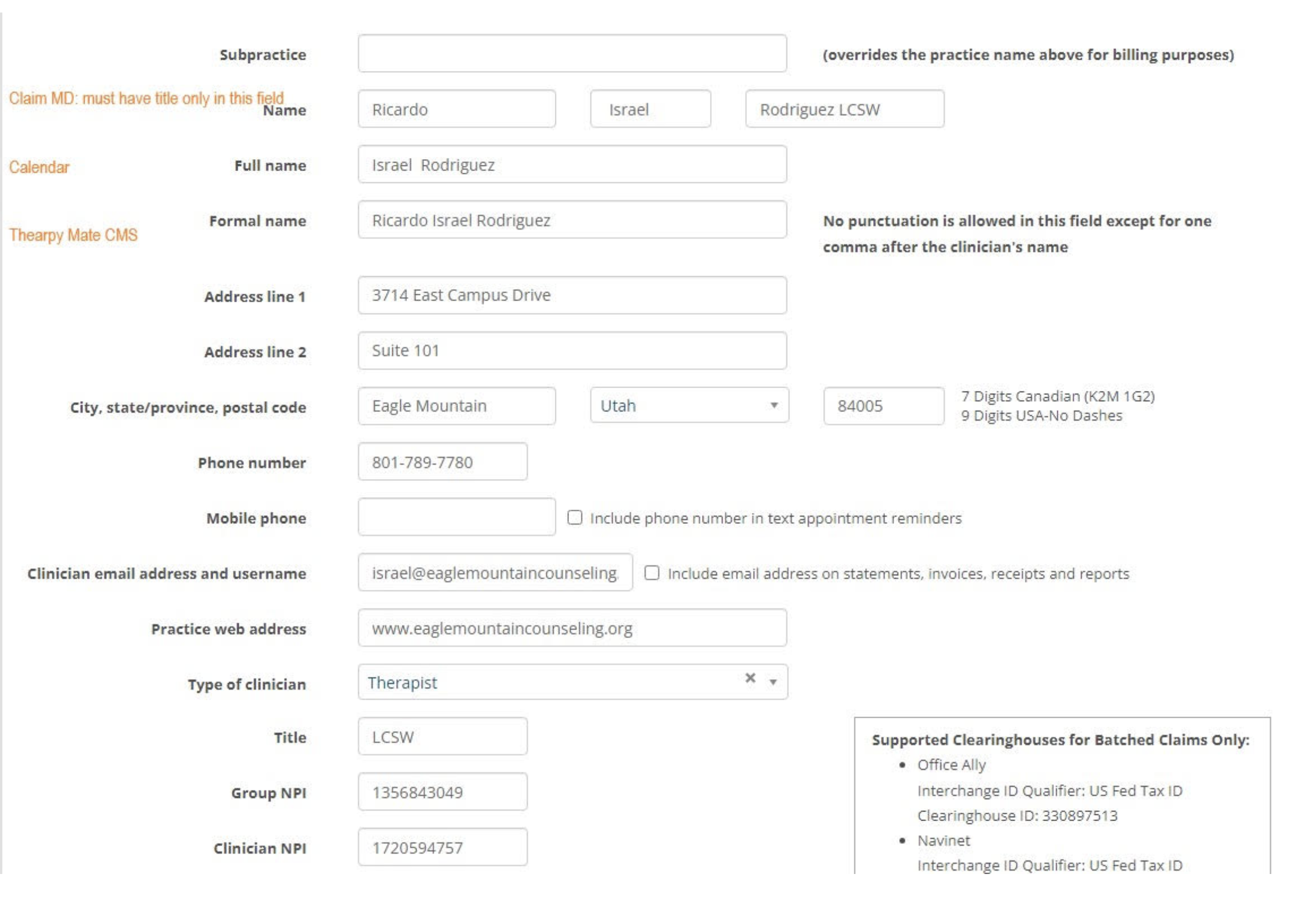 Where do the clinician names come from in claims therapymate